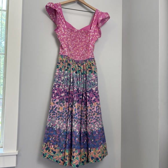 Caroline Constas XS Pink Multicolor Floral Maxi Dress Smocked Cut Out Back Lined - Picture 1 of 12